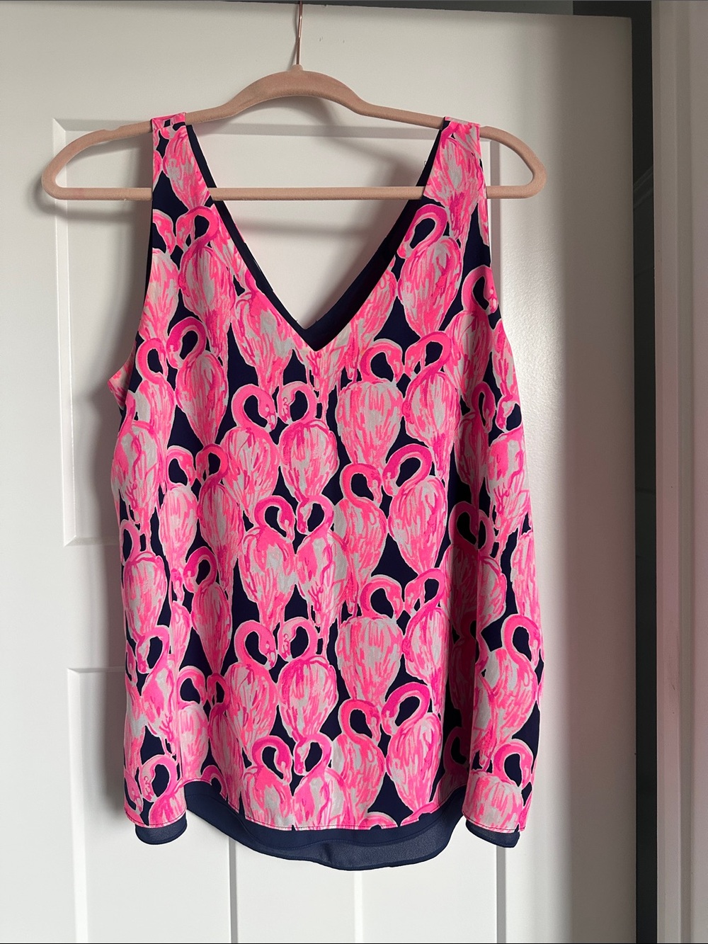 Lily Pulitzer reversible Sleeveless V-Neck Pink Flamingo Print/Navy Tank Top